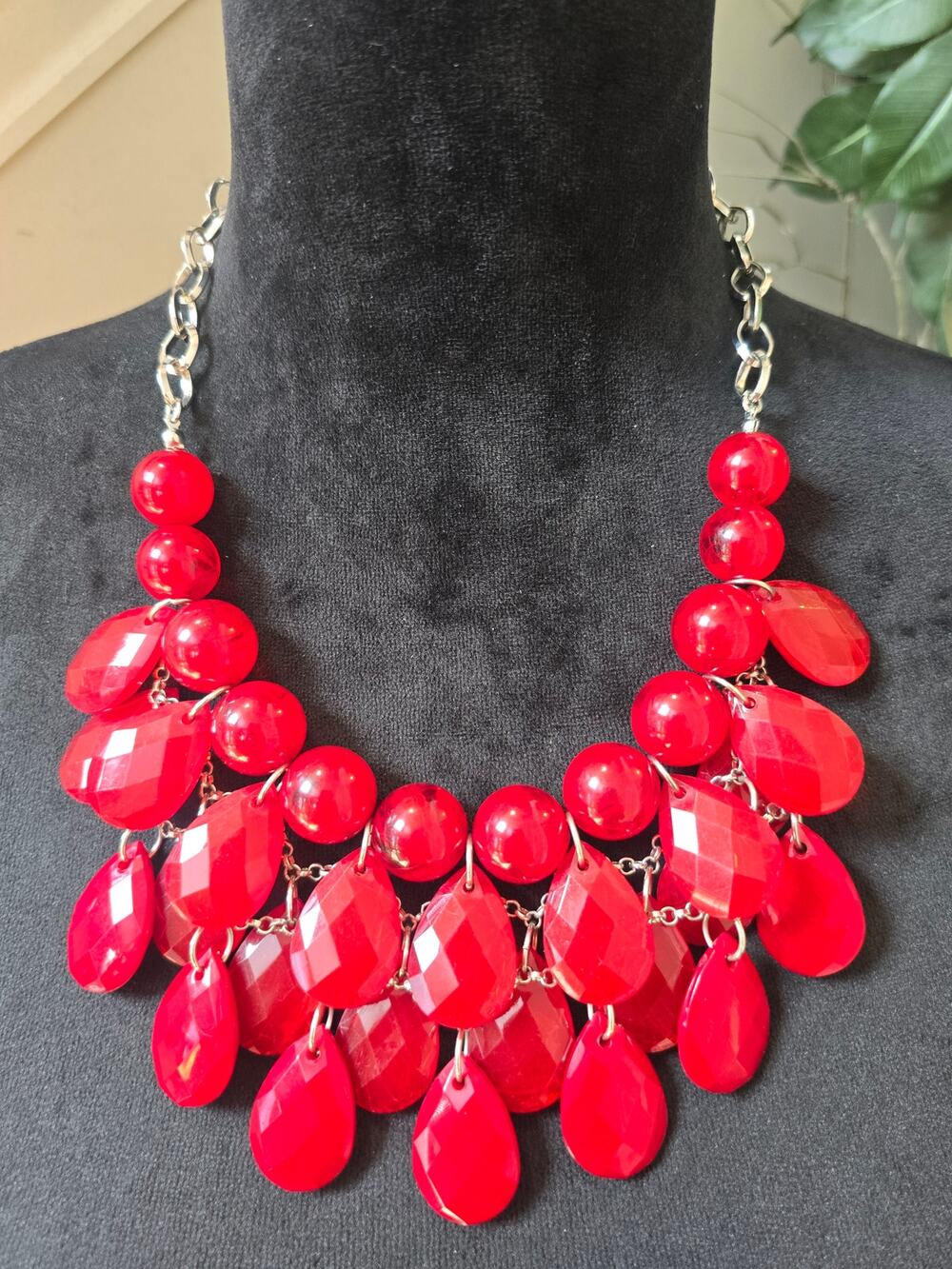 Silver Tone Red Faceted Beaded Teardrop Statement Necklace